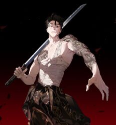 1boy absurdres arm_tattoo bandaged_chest black_eyes black_hair bright_pupils chest_tattoo closed_mouth dragon_tattoo ear_piercing eyebrow_piercing gradient_background highres holding holding_sword holding_weapon light_smile male_focus nakddidi original parted_bangs piercing short_hair solo sword tattoo topless_male weapon white_pupils