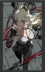 1girl black_gloves black_horns black_pants blonde_hair breasts bright_pupils cleavage closed_mouth curled_horns gloves hair_between_eyes hand_up horns large_breasts looking_at_viewer necktie necktie_around_wrists pants red_eyes red_necktie shirt solo sonchi unfinished white_pupils white_shirt wuthering_waves zani_(wuthering_waves)