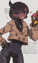 1girl aged_up black_bodysuit black_gloves black_hair blue_eyes bodysuit breasts dark-skinned_female dark_skin emma_(pokemon) gloves highres holding holding_poke_ball jacket kawasaki_(kwsk_8765) long_sleeves nintendo open_mouth poke_ball poke_ball_(basic) pokemon pokemon_legends:_z-a short_hair smile solo team_flare