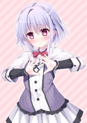 1boy 3: absurdres asuka_minato blue_hair blush bow braid center_frills closed_mouth commentary_request commission cowboy_shot frills frown hair_between_eyes hands_up heart heart_hands highres long_sleeves looking_at_viewer otome_domain pink_background pleated_skirt red_bow red_eyes school_uniform shirt short_hair shy side_braid simple_background single_hair_intake skeb_commission skirt sleeves_past_wrists solo trap uduki_(nissi) white_shirt white_skirt