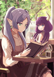 2girls absurdres aura_(sousou_no_frieren) blue_eyes blush braid breasts cafe chiefkai_2 demon_girl demon_horns drink earrings egg_sandwich elf fingernails flat_chest food frieren green_eyes highres horns indoors jewelry medium_breasts medium_hair mimic mimic_chest multiple_girls pink_hair pointy_ears restaurant sandwich scared sitting sousou_no_frieren sweatdrop