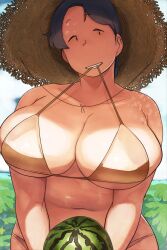 belly bikini biting biting_clothes black_hair breasts cleavage collarbone food fruit gold_bikini hat highres huge_breasts hunter_rank_e jimiko mob_face mochida_(hunter_rank_e) navel plump sun_hat swimsuit watermelon