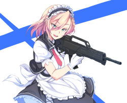 1girl apron assault_rifle black_dress blonde_hair blouse blue_eyes braid dress frilled_dress frills g36_(girls&#039;_frontline) girls&#039;_frontline gloves green_eyes gun h&amp;k_g36 highres holding holding_gun holding_weapon kook light_smile maid maid_apron maid_headdress necktie open_mouth puffy_short_sleeves puffy_sleeves red_necktie rifle shirt short_hair short_necktie short_sleeves solo upper_body weapon white_gloves white_shirt