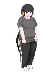 1girl absurdres aruru_(rnruru) black_hair black_pants blush bob_cut breasts clothes_grab colored_inner_hair covered_navel ear_piercing fat full_body grey_shirt highres looking_down medium_breasts multicolored_hair multiple_piercings no_shoes open_mouth orange_eyes orange_hair original pants piercing raised_eyebrows shirt shirt_grab short_hair simple_background socks solo standing thick_thighs thighs track_pants twitter_username two-tone_hair white_background white_socks