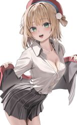 1girl absurdres arched_back beret blonde_hair blue_ribbon blunt_bangs braid breasts button_gap buttons cleavage collared_shirt commentary dress_shirt from_side green_eyes grey_jacket grey_skirt hair_ornament hair_rings hat highres indie_virtual_youtuber jacket leaning_forward long_sleeves looking_at_viewer miniskirt neck_ribbon open_mouth pinstripe_jacket pinstripe_pattern pinstripe_skirt pleated_skirt pom_pom_(clothes) pom_pom_hair_ornament red_hat red_sailor_collar red_socks ribbon sailor_collar scarlet_(wv0102) school_uniform shigure_ui_(vtuber) shigure_ui_(vtuber)_(1st_costume) shirt short_hair side_braid simple_background skirt smile socks solo symbol-only_commentary teeth upper_teeth_only virtual_youtuber white_background white_shirt