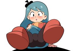 1girl arm_support ass beret black_eyes black_hat black_pantyhose blue_hair blue_skirt blush boots clothes_lift flat_chest hat hilda_(hilda) hilda_(series) legs_up loli long_hair long_sleeves looking_at_viewer lying open_mouth orange_scarf pantyhose red_boots red_sweater scarf skirt skirt_lift sweater white_background yume_yoroi
