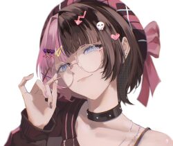 1girl adjusting_eyewear black_choker blue_eyes blunt_bangs brown_hair brown_jacket brown_nails brown_shirt choker daidai_neroli directional_arrow_hair_ornament hair_intakes hair_ornament hairclip hat hat_ribbon heart heart_hair_ornament highres jacket light_smile looking_at_viewer multicolored_hair pink-framed_eyewear pink_hair pink_nails plaid_hat portrait ribbon round_eyewear shirt short_hair sidelocks simple_background skull_hair_ornament solo split-color_hair studded_choker tachibana_hinano tachibana_hinano_(3rd_costume) virtual_youtuber vspo! white_background