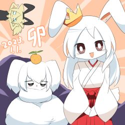 3girls animal_ears black_eyes black_leotard blonde_hair blue_eyes breasts bright_pupils brown_eyes colored_skin commentary_request cowboy_shot dated dog_ears dog_girl fake_animal_ears fluffy food fruit furry furry_female hakama hakama_skirt highres japanese_clothes kimono leotard lets0020 long_hair looking_at_viewer mandarin_orange miko multiple_girls neck_fur open_mouth orange_background original playboy_bunny rabbit_ears rabbit_girl rabbit_tail red_skirt short_hair skirt small_breasts smile sunburst sunburst_background tail white_hair white_kimono white_pupils white_skin wide_sleeves