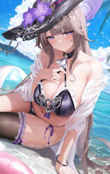 Rule 34 | 1girl, absurdres, ascot, ball, bare shoulders, beach, beachball, bikini, black bikini, black hat, black thighhighs, blush, breasts, cleavage, fantongjun, flower, grey hair, hat, hat flower, herta (honkai: star rail), highres, honkai: star rail, honkai (series), large breasts, long hair, looking at viewer, navel, purple eyes, shore, sidelocks, solo, swimsuit, the herta (honkai: star rail), thighhighs, thighs, witch hat