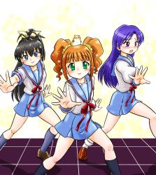 Rule 34 | 3girls, animal, animal on head, black hair, blue eyes, blue hair, brown eyes, brown hair, cosplay, dancing, ganaha hibiki, green eyes, hamster, hamster on head, hamuzou, hare hare yukai, highres, hoshikawa tsukimi, idolmaster, idolmaster (classic), kisaragi chihaya, long hair, multiple girls, on head, ponytail, school uniform, serafuku, suzumiya haruhi no yuuutsu, takatsuki yayoi, twintails