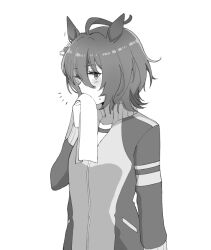 1girl agnes_tachyon_(umamusume) ahoge animal_ear_piercing animal_ears arm_at_side blush earrings empty_eyes facing_away from_side greyscale hair_between_eyes horse_ears jacket jewelry long_sleeves looking_at_viewer messy_hair monochrome notice_lines short_hair sideways_glance single_earring solo sweat tori_hatsu02 tracen_training_uniform track_jacket track_suit umamusume upper_body wiping_mouth