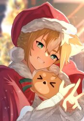 1boy alternate_costume animal_ears aqua_eyes blush brown_hair capelet dog_boy dog_ears genshin_impact gorou_(genshin_impact) hair_between_eyes hat highres long_sleeves looking_at_viewer male_focus multicolored_hair narshiyu red_capelet red_hat santa_costume santa_hat short_hair smile solo streaked_hair sweater teeth v white_hair white_sweater