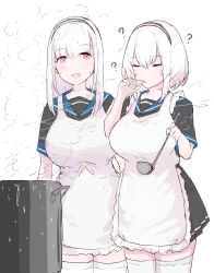 2girls :d ? absurdres apron azur_lane black_hairband black_shirt black_skirt blue_sailor_collar breasts closed_eyes commentary cooking cooking_pot cowboy_shot dido_(azur_lane) english_commentary frilled_apron frills hairband hakuaki highres holding holding_ladle ladle large_breasts miniskirt multiple_girls open_mouth pink_eyes pleated_skirt sailor_collar shirt short_sleeves simple_background sirius_(azur_lane) skirt smile steam sweat thighhighs white_apron white_background white_hair white_thighhighs zettai_ryouiki
