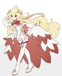 alternate_costume anyelingy blonde_hair boots bow commentary_request detached_sleeves dress full_body gradient_background hair_between_eyes hair_ornament heterochromia highres indie_virtual_youtuber kaofish long_bangs long_hair looking_at_viewer red_eyes simple_background sleeves_past_wrists smile standing star_(symbol) thigh_boots white_dress yellow_eyes