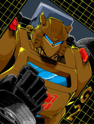 2022 absurdres autobot blue_eyes bumblebee_(transformers) clenched_hand commentary english_commentary highres inker-guy looking_ahead mecha no_humans robot science_fiction transformers upper_body western_comics_(style) wheel