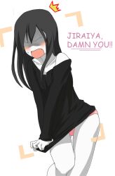 angry artemis-girl black_hair black_shirt blush clothes_pull colored_text embarrassed english_text fang fang_out humiliation long_hair long_sleeves male_focus naruto_(series) no_eyes orochimaru_(naruto) pale_skin panties pink_panties shirt simple_background solo sweatdrop underwear viewfinder white_background