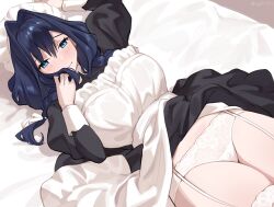 1girl apron black_dress black_hair blue_eyes braid commentary_request dopirin dress garter_straps grabbing_own_hair hair_intakes hat highres hololive hololive_english long_hair low_twin_braids lying maid_apron mob_cap official_alternate_costume official_alternate_hairstyle on_back on_bed ouro_kronii ouro_kronii_(maid) panties solo thighhighs twin_braids underwear virtual_youtuber white_apron white_panties white_thighhighs