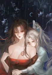 1boy 1girl alternate_costume alternate_hair_color animal_ears artist_request bare_shoulders branch breasts brown_hair chest_tattoo chinese_clothes cleavage closed_eyes closed_mouth coat coat_partially_removed collarbone crescent_moon dress eyelashes flower fox_ears fox_girl genderswap genderswap_(mtf) hair_down hair_ribbon half_updo hand_grab hand_up hanfu head_on_another&#039;s_shoulder hetero highres hug hug_from_behind kemonomimi_mode lan_wangji large_breasts long_hair long_sleeves looking_at_another modao_zushi moon night off_shoulder official_alternate_hairstyle ponytail rain red_coat red_dress red_eyes red_hanfu red_lips red_ribbon ribbon second-party_source tattoo upper_body wei_wuxian wei_wuxian_(yiling_laozu) white_flower white_hair white_hanfu xiao_guan_(headdress)