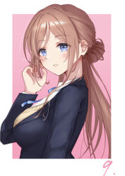 1girl absurdres blue_eyes blue_jacket blue_ribbon blush border breasts brown_hair commentary_request enu_illustip gakuen_idolmaster highres himesaki_rinami idolmaster jacket large_breasts long_hair long_sleeves looking_at_viewer looking_to_the_side neck_ribbon pink_background ribbon shirt simple_background solo sweater upper_body very_long_hair white_border white_shirt yellow_sweater