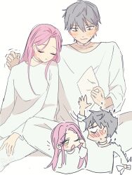 Rule 34 | 1boy, 1girl, alien stage, choker, commentary, green eyes, highres, long hair, mizi (alien stage), one eye closed, pants, shirt, short hair, sitting, sleeping, sleeping on person, surprised, till (alien stage), trembling, very short hair, viga uzk, white choker, white pants, white shirt, yellow eyes
