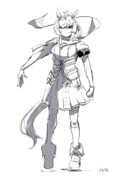 1girl absurdres animal_ears artist_name breasts dress furioso_(umamusume) greyscale hairband highres horse_ears horse_girl looking_at_viewer medium_breasts monochrome puffy_short_sleeves puffy_sleeves ringring_(artist) short_sleeves signature simple_background solo umamusume white_background