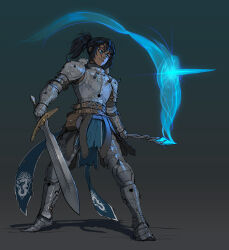 1girl alpyro armor artist_name belt belt_buckle belt_pouch black_hair blue_eyes brown_belt buckle casting_spell commentary cuirass cuisses dark-skinned_female dark_skin dragon_print elden_ring english_commentary full_body gauntlets gradient_background greaves grey_background high_ponytail highres holding holding_sword holding_wand holding_weapon legs_apart magic pauldrons poleyn ponytail pouch rerebrace revision sabaton scar scar_on_face shadow short_hair shoulder_armor shoulder_spikes solo spiked_armor spiked_pauldrons spikes standing sword tarnished_(elden_ring) wand weapon