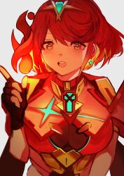 1girl absurdres blush bob_cut breasts chest_jewel core_crystal_(xenoblade) earrings fingerless_gloves gloves headpiece highres jewelry large_breasts looking_at_viewer pyra_(xenoblade) red_eyes red_hair short_hair smile solo swept_bangs tarbo_(exxxpiation) tiara xenoblade_chronicles_(series) xenoblade_chronicles_2