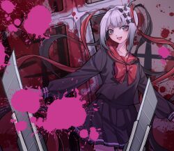Rule 34 | 1girl, @ @, absurdres, black hair, black serafuku, blood, blood splatter, bow, boxcutter, chouzetsusaikawa tenshi-chan, commentary request, cross, grey background, grey hair, highres, huanhuan0920, long hair, mixed-language commentary, multicolored hair, needy girl overdose, open mouth, pink blood, red background, red bow, red hair, red sailor collar, sailor collar, school uniform, serafuku, smile, twintails