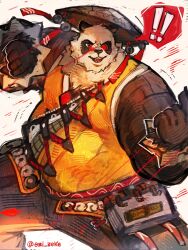 ! !! 1boy absurdres animal_ears artist_name bara bell black_fur black_pants bracelet chinese_clothes clenched_hands commentary english_commentary ezizekekiel fangs fat fat_man furry furry_male highres jewelry jingle_bell kung_fu looking_to_the_side male_focus multicolored_fur open_mouth pan_yinhu panda_boy panda_ears pants round_eyewear shirt speech_bubble spiked_bracelet spikes twitter_username white_background white_fur wok yellow_shirt zenless_zone_zero
