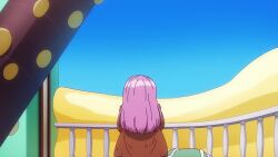 1girl 2025 20s aged_up animated anime_screenshot belt belt_buckle blue_sky bracelet brown_jacket buckle character_name female_focus jacket jewelry jewelry_bonney long_hair midriff one_piece pink_hair shirt short_shorts shorts sitting sky solo sound suspenders tagme transformation video white_shirt