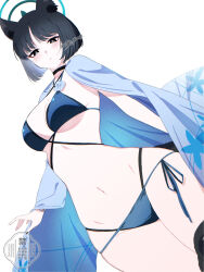 1girl absurdres animal_ears bare_shoulders bikini black_bikini black_eyes black_hair blue_archive blue_bikini breasts cat_ears cat_tail choker cleavage eyeliner flower halo highres kikyou_(blue_archive) kikyou_(swimsuit)_(blue_archive) layered_bikini looking_at_viewer makeup medium_breasts navel parted_bangs shidare_yanagi short_hair solo swimsuit tail thighs towel towel_around_neck