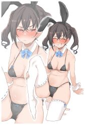 Rule 34 | 1girl, ^ ^, absurdres, animal ear hairband, animal ears, bikini, black bikini, black hair, blue ribbon, blush, breasts, closed eyes, cropped legs, detached collar, fake animal ears, grin, hairband, highres, idolmaster, idolmaster cinderella girls, invisible chair, looking at viewer, medium breasts, navel, nontraditional playboy bunny, nose blush, playboy bunny bikini, projected inset, rabbit ear hairband, rabbit ears, ribbon, simple background, sitting, smile, stomach, sunazuka akira, sweatdrop, swimsuit, thighhighs, twintails, wasabijoyu76, white background, white thighhighs, wrist cuffs