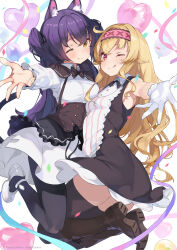 2girls animal_ears armpit_peek balloon black_boots black_bow black_bowtie black_pantyhose black_tail black_thighhighs blonde_hair blush boots bow bowtie breasts cat_ears cat_girl cat_tail chinese_commentary commentary_request company_name copyright_notice dot_nose dress fang frills gloves hair_between_eyes hairband heart_balloon highres knee_boots little_witch_nobeta long_hair long_sleeves looking_at_viewer medium_breasts multiple_girls no_cape no_headwear nobeta nobeta_(witch_skin) official_art one_eye_closed oneko open_mouth outstretched_arm pantyhose phyllis_(human)_(little_witch_nobeta) phyllis_(little_witch_nobeta) purple_hair red_eyes red_hairband ribbon shoes short_dress sleeveless sleeveless_dress small_breasts striped_clothes striped_dress tail thighhighs thighs twintails vertical-striped_clothes vertical-striped_dress very_long_hair white_gloves white_shoes yellow_eyes zettai_ryouiki