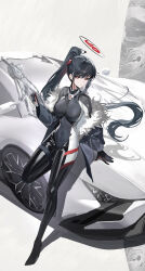 Rule 34 | 1girl, absurdres, black bodysuit, black gloves, black hair, black halo, blue archive, blue jacket, bodysuit, breasts, car, chinese commentary, closed mouth, commentary request, full body, gloves, gun, hair over shoulder, halo, hand on car, hand up, highres, impossible bodysuit, impossible clothes, jacket, kulu (ku-lu), large breasts, latex, latex bodysuit, long hair, long sleeves, looking at viewer, motor vehicle, multicolored bodysuit, official alternate costume, official alternate hairstyle, open clothes, open jacket, ponytail, red bodysuit, red eyes, red gloves, ringed eyes, rio (blue archive), rio (bodysuit) (blue archive), sidelocks, simple background, skin tight, solo, standing, weapon, white background, white bodysuit