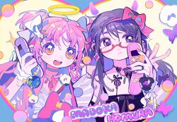 2girls adapted_costume akemi_homura akuma_homura alternate_costume angel_and_devil anthony_(madoka_magica) arm_around_neck bare_shoulders black_bow black_bowtie black_choker black_dress black_hair blue_border border bow bowtie bug butterfly cellphone character_charm character_name charm_(object) choker closed_mouth collarbone commentary demon_horns detached_horns dress earrings english_commentary eyelashes familiar_(madoka_magica) flip_phone frown gem gem_hair_ornament glasses globe grief_seed hair_bow hair_ornament hairband halo heart heart_hair_ornament heart_necklace highres holding holding_phone horns insect jewelry kaname_madoka kyubey lace lace-trimmed_dress lace_trim long_hair long_sleeves looking_at_viewer mahou_shoujo_madoka_magica mahou_shoujo_madoka_magica:_hangyaku_no_monogatari multicolored_nails multiple_girls nail_art nail_polish necklace open_mouth pastel_colors phone pink_hair pink_nails purple_butterfly purple_eyes purple_gemstone purple_horns purple_nails red-framed_eyewear red_bow red_hairband renzhi00334233 short_sleeves simple_background smile soul_gem teeth two_side_up ultimate_madoka upper_body upper_teeth_only v white_bow white_dress white_sleeves white_wrist_cuffs wrist_cuffs yellow_background yellow_eyes yellow_halo yellow_nails