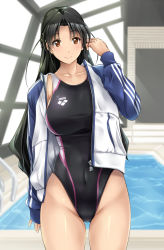 1girl arena_(company) black_hair black_one-piece_swimsuit blurry brown_eyes commentary_request competition_swimsuit covered_navel cowboy_shot depth_of_field female_focus groin highleg highleg_one-piece_swimsuit indoors jacket long_hair looking_at_viewer multicolored_jacket one-piece_swimsuit original pool rei_no_pool solo standing swimsuit yukitaka