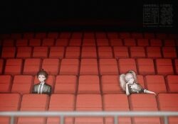 1boy 1girl absurdres ahoge bear_hair_ornament black_choker black_jacket black_necktie blonde_hair bow breasts brown_eyes brown_hair choker cleavage collared_shirt danganronpa:_trigger_happy_havoc danganronpa_(series) danganronpa_3_(anime) english_text enoshima_junko hair_ornament highres hinata_hajime jacket large_breasts lian_chou_zi_(rotsmell) long_hair movie_theater necktie red_bow shirt short_hair sitting smile twintails upper_body watermark white_shirt