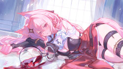 1girl absurdres alcohol animal_ear_fluff animal_ears arknights black_bridal_gauntlets black_gloves breasts bridal_gauntlets cleavage commentary_request cup curtains drinking_glass drunk elbow_gloves fingerless_gloves gloves hair_between_eyes highres indoors long_hair looking_at_viewer lying parted_lips pink_hair pozyomka_(arknights) red_wine solo synzmayu tail thigh_strap wine wine_glass wolf_ears wolf_girl wolf_tail