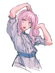 1other akiyama_mizuki arm_up belt blue_belt buttons cable_(cablebop) commentary dress english_commentary grey_dress hair_between_eyes hand_up long_hair looking_up low_ponytail open_mouth other_focus pink_eyes pink_hair ponytail project_sekai puffy_short_sleeves puffy_sleeves short_sleeves sidelocks simple_background solo teeth white_background