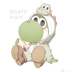 1other black_eyes boots full_body gelato_pique holding hood hood_up long_sleeves looking_at_viewer mario_(series) nintendo no_humans ryota_(ry_o_ta) signature simple_background sitting spread_legs star_(symbol) super_star_(mario) white_background yoshi yoshi_egg zipper