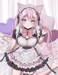 1girl :3 animal_ears antenna_hair asahi_(asahi8724) belt black_belt black_ribbon blush bow bowtie breasts chest_harness cleavage closed_mouth dress fingernails hair_ribbon hakui_koyori hakui_koyori_(dark_maid) harness heart heart-shaped_pillow heart_o-ring highres hololive indoors key large_breasts layered_dress long_hair looking_at_viewer maid maid_headdress nail_polish o-ring o-ring_harness o-ring_thigh_strap pillow pink_bow pink_bowtie pink_dress pink_eyes pink_hair pink_nails ribbon short_sleeves smile solo tail thigh_strap thighs virtual_youtuber wolf_ears wolf_girl wolf_tail
