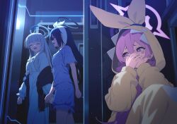 3girls ahoge artist_request black_halo black_scarf blue_archive blue_halo blue_pajamas blue_shirt blue_shorts blush_stickers bow bow_hairband breast_pocket closed_eyes collared_shirt covering_own_mouth desk doorway game_cg glowing glowing_halo hair_between_eyes hairband halo hiding highres indoors koyuki_(blue_archive) koyuki_(pajamas)_(blue_archive) long_hair long_sidelocks looking_at_another mechanical_halo multiple_girls night nightgown noa_(blue_archive) noa_(pajamas)_(blue_archive) non-web_source official_art onesie open_door open_mouth pajamas pink_hair pink_halo pocket purple_eyes purple_hair reflection scarf school_desk shirt shorts sidelocks sliding_doors smile spoilers star-shaped_pupils star_(symbol) sweat symbol-shaped_pupils tearing_up walking white_hair white_hairband white_halo white_nightgown white_pajamas yellow_pajamas yuuka_(blue_archive) yuuka_(pajamas)_(blue_archive)
