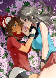 Rule 34 | ariekochan, bandana, bike shorts, bike shorts under shorts, black gloves, black shorts, blue eyes, blush, breasts, brown hair, cherry blossoms, closed mouth, commentary, covering own mouth, english commentary, flower, flower bed, from above, gloves, grey eyes, grey hair, hand on another&#039;s chin, hand on another&#039;s head, holding, holding flower, large breasts, leaf (pokemon), long hair, looking at another, lying, may (pokemon), miniskirt, nintendo, on ground, on side, pink flower, pokemon, pokemon frlg, pokemon rse, red bandana, red shirt, red skirt, shirt, shorts, sidelocks, skirt, sleeveless, sleeveless shirt, twitter username, two-tone gloves, watermark, white gloves, white shirt, white shorts, wristband, yuri