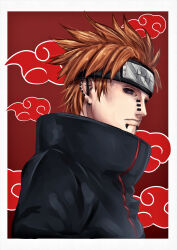 Rule 34 | 1boy, absurdres, akatsuki uniform, amegakure symbol, closed mouth, cloud print, commentary request, ear piercing, face piercing, forehead protector, high collar, highres, male focus, mouth piercing, naruto (series), naruto shippuuden, ninja, nose piercing, orange hair, pain (naruto), piercing, purple eyes, rinnegan, sakana sakanama, short hair, solo, spiked hair