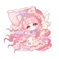 1girl absurdly_long_hair beads bow bowtie brown_eyes buttons character_request chibi chinese_commentary commentary_request commission dress dress_flower eeeestella expressionless eyelashes flower frilled_dress frills hair_flower hair_ornament half-closed_eyes highres juliet_sleeves layered_dress light_blush long_dress long_hair long_sleeves looking_at_viewer lying miracle_nikki nikki_(nikki) nikki_(series) on_back parted_lips pillow pink_dress pink_flower pink_hair puffy_sleeves purple_bow purple_bowtie purple_flower rabbit sample_watermark simple_background solo sparkle sparkling_eyes striped_bow striped_bowtie striped_clothes tareme too_many_watermarks very_long_hair watermark wavy_hair white_background white_bow white_bowtie white_dress white_flower winged_animal
