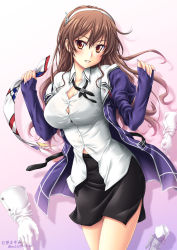 1girl ashigara_(kancolle) ashigara_kai_ni_(kancolle) belt boots bra_visible_through_clothes breasts brown_eyes brown_hair bursting_breasts cleavage fake_horns female_focus gloves hairband highres horned_headwear horns ishihara_masumi jacket kantai_collection large_breasts long_hair looking_at_viewer miniskirt nail_polish no_legwear open_clothes open_jacket pantyhose parted_lips pencil_skirt shadow skirt smile solo twitter_username uniform unworn_boots unworn_gloves wavy_hair white_gloves