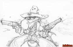 1boy animal_ears bullet_hole chaps cowboy cowboy_hat dual_wielding furry furry_male gloves graphite_(medium) gun hat holding holding_gun holding_weapon joe_madureira looking_at_viewer male_focus masked monochrome mouth_hold neckerchief raccoon_boy raccoon_ears raccoon_tail sketch sly_cooper sly_cooper_(series) smoke stalk_in_mouth tail third-party_source traditional_media vest weapon western
