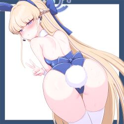 1girl anal anal_tail animal_ears ass ass_focus blonde_hair blue_archive blue_bow blue_eyes blue_hairband blue_leotard blush bow braid butt_plug commentary_request detached_collar earpiece earrings embarrassed fake_animal_ears fake_tail hairband halo headset highleg highleg_leotard jewelry leotard long_hair official_alternate_costume playboy_bunny rabbit_ears rabbit_tail solo stonewill strapless strapless_leotard stud_earrings sweat tail thigh_gap thighhighs toki_(blue_archive) toki_(bunny)_(blue_archive) two-tone_background v very_long_hair white_background white_thighhighs white_wrist_cuffs wrist_cuffs