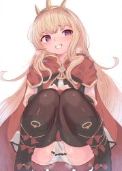 1girl black_boots black_thighhighs blonde_hair blush boots bow cagliostro_(granblue_fantasy) cape crown granblue_fantasy grin hairband knee_boots long_hair makabe_gorou panties pantyshot purple_eyes simple_background sitting smile solo spiked_hairband spikes thighhighs tiara underwear white_background white_panties