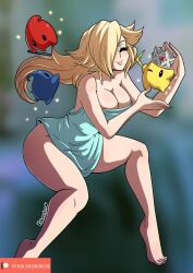 1girl bare_legs bare_shoulders bird blonde_hair breasts brushing_hair cleavage closed_eyes closed_mouth collarbone crow crown dress full_body hair_over_one_eye highres kinkymation large_breasts lips long_hair luma_(mario) mario_(series) nintendo one_eye_closed patreon_logo patreon_username rosalina smile star_(symbol) super_mario_galaxy
